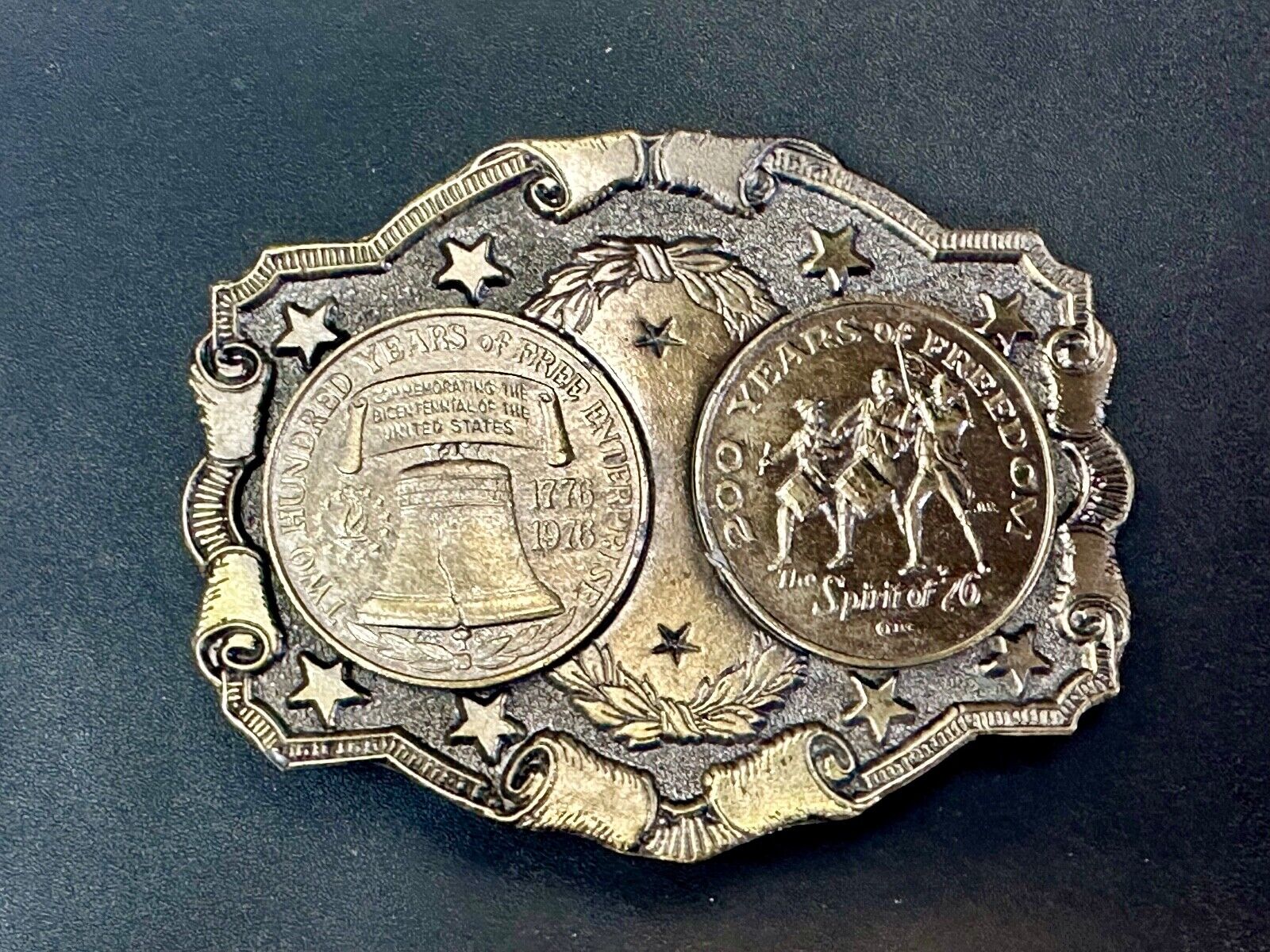 Two Coins Spirit of 76, Liberty Bell Patriotic America Vintage Lewis Belt buckle