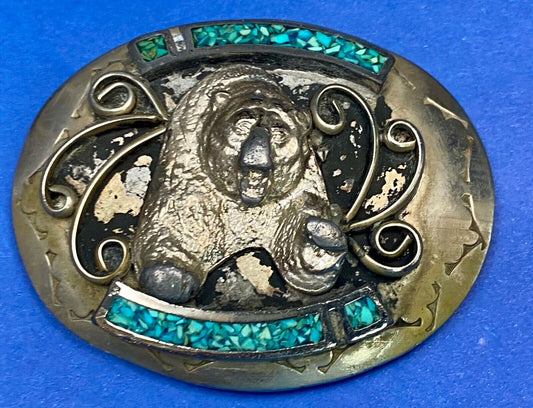 Bear Coming At You!  Crushed Turquoise Belt Buckle - Hallmarked Nc?  Navajo?