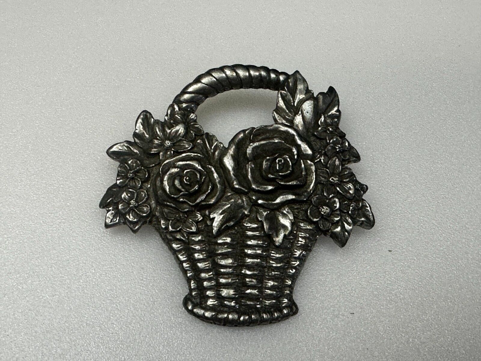 Vintage 1980's Flower Basket Floral Pewter Brooch Pin Signed Seagull Canada