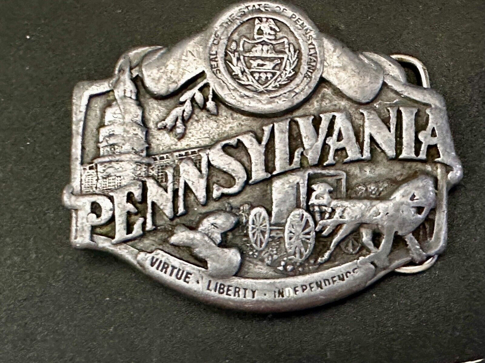 The State of Pennsylvania Virtue Liberty Independence 1982 Siskiyou Belt Buckle