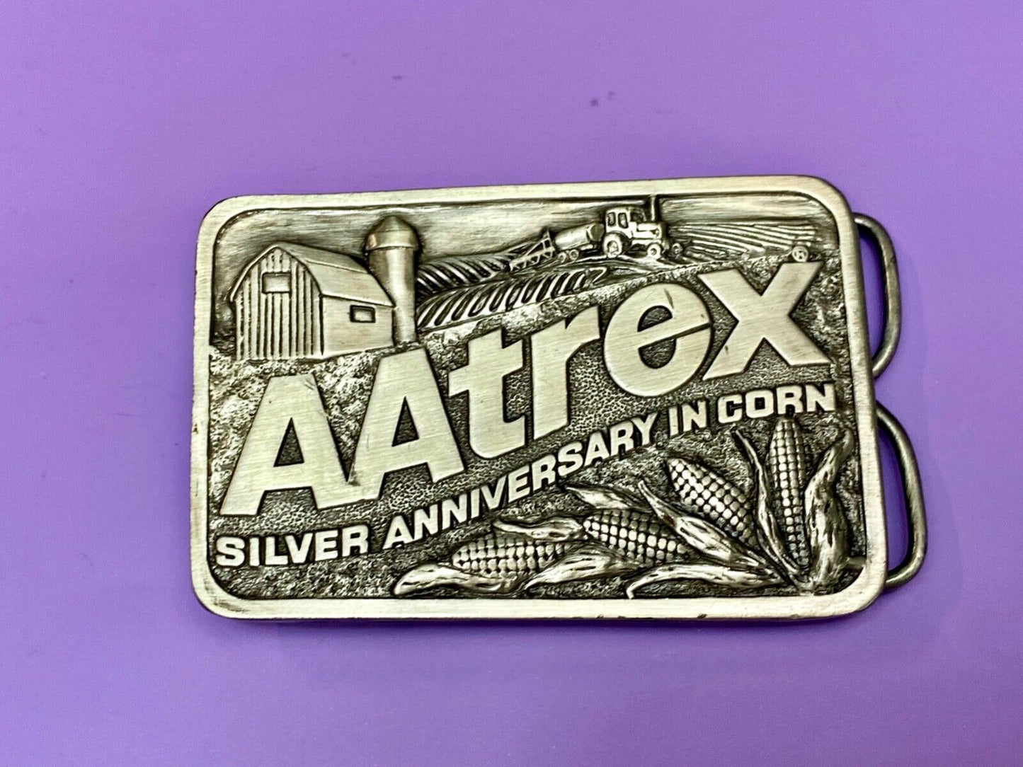 AAtrex Silver Anniversary Farm Tractor Barn Corn Farmer Belt Buckle