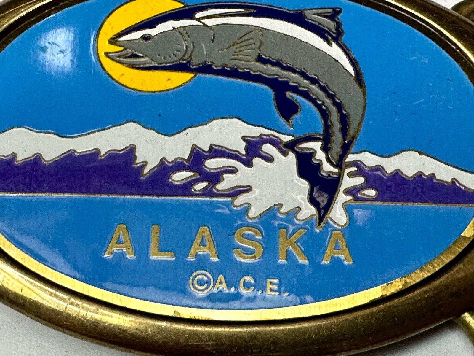 Alaska A.C.E. Jumping Fish - Vintage Solid Brass oval Belt Buckle  QB-101
