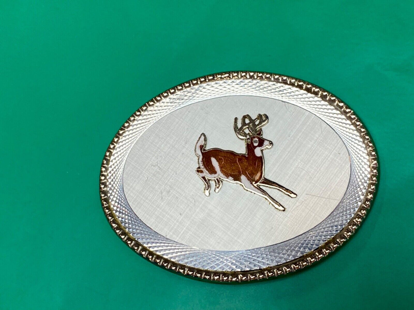 Adorable running Deer Dow western oval etched belt buckle stamped W