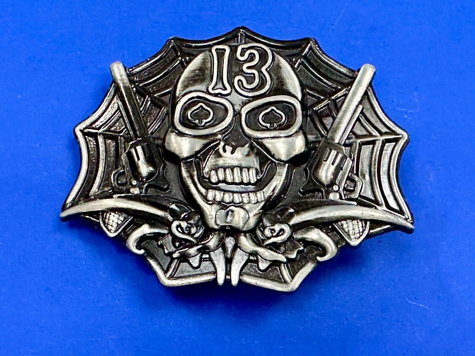 Vampire Skull with bat wings and number 13 metal belt buckle