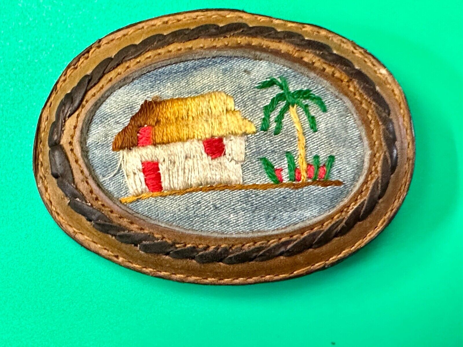 tropical vacation beach scene - QUALITY mixed leather oval belt buckle
