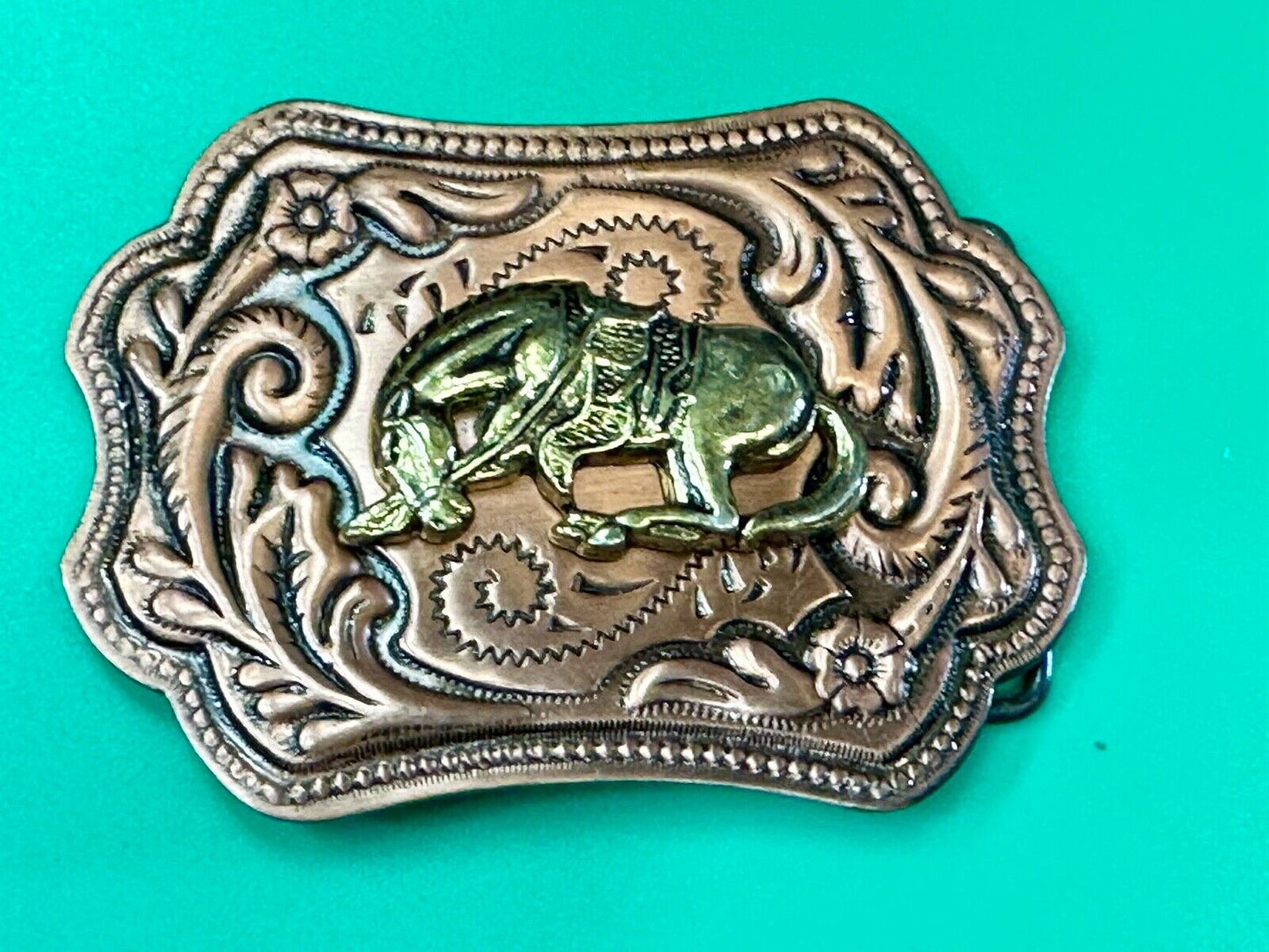 Vintage Horse w/  head down end of the trail two tone ornate western belt buckle