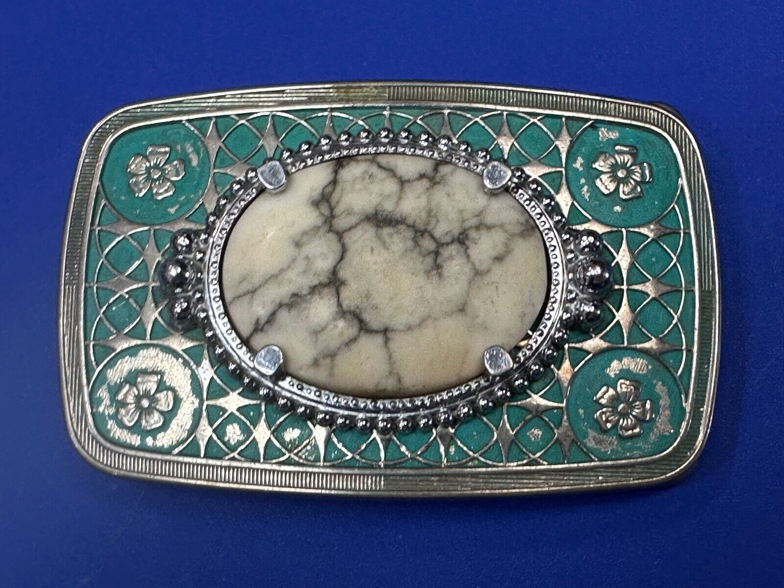 vintage Magnesite cabochon cab stone centerpiece on western belt buckle