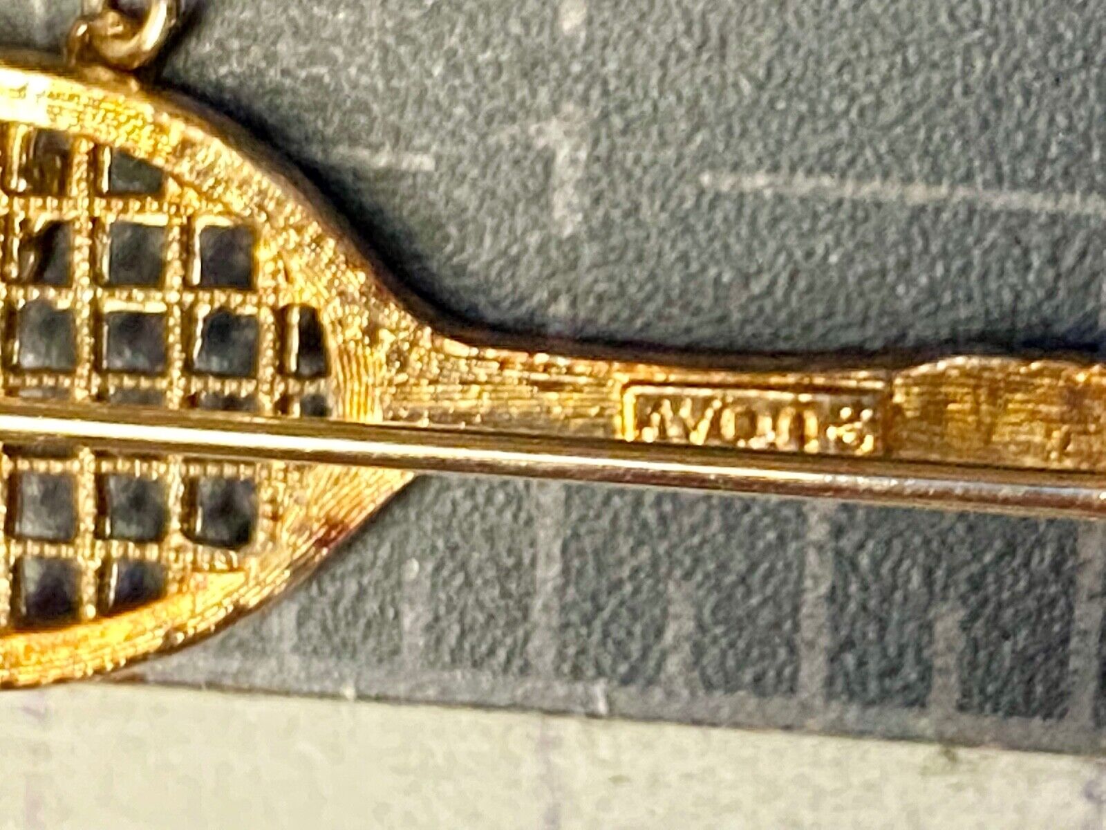 Vintage Avon Jewelry Goldtone Tennis Racquet Brooch Faux Pearl Ball, 1 3/4" long