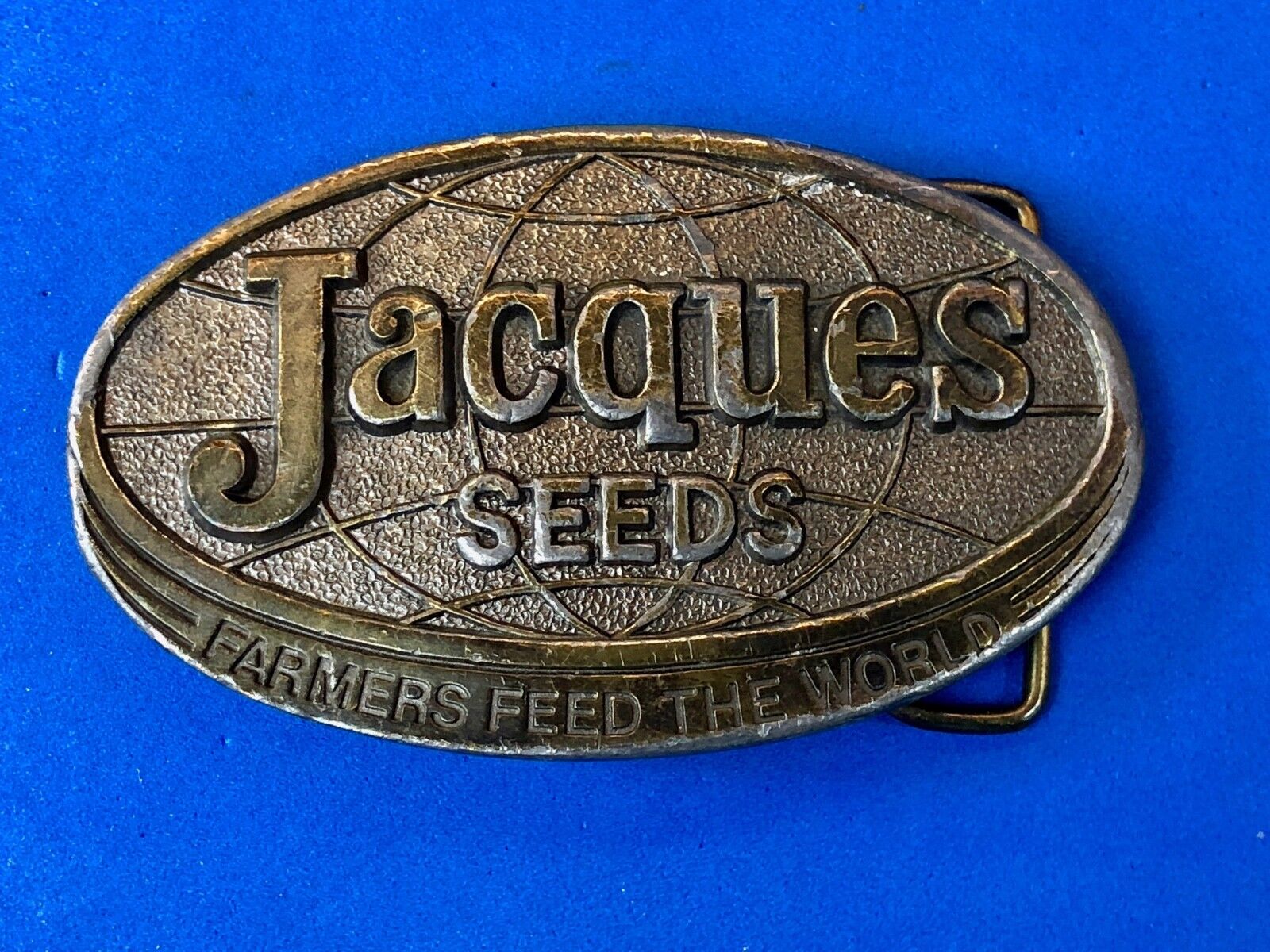 Vintage 1977 JACQUES SEEDS  farmers feed the world belt buckle 