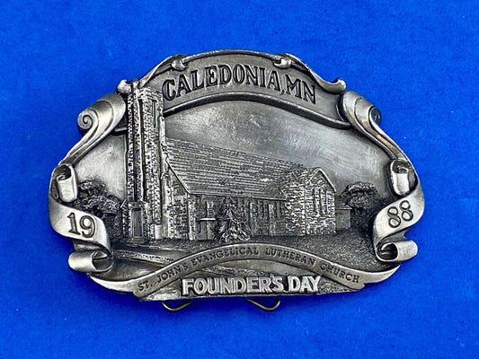 Vintage 1988 - Founder’s Days Caledonia MN belt buckle St Johns Lutheran Church 