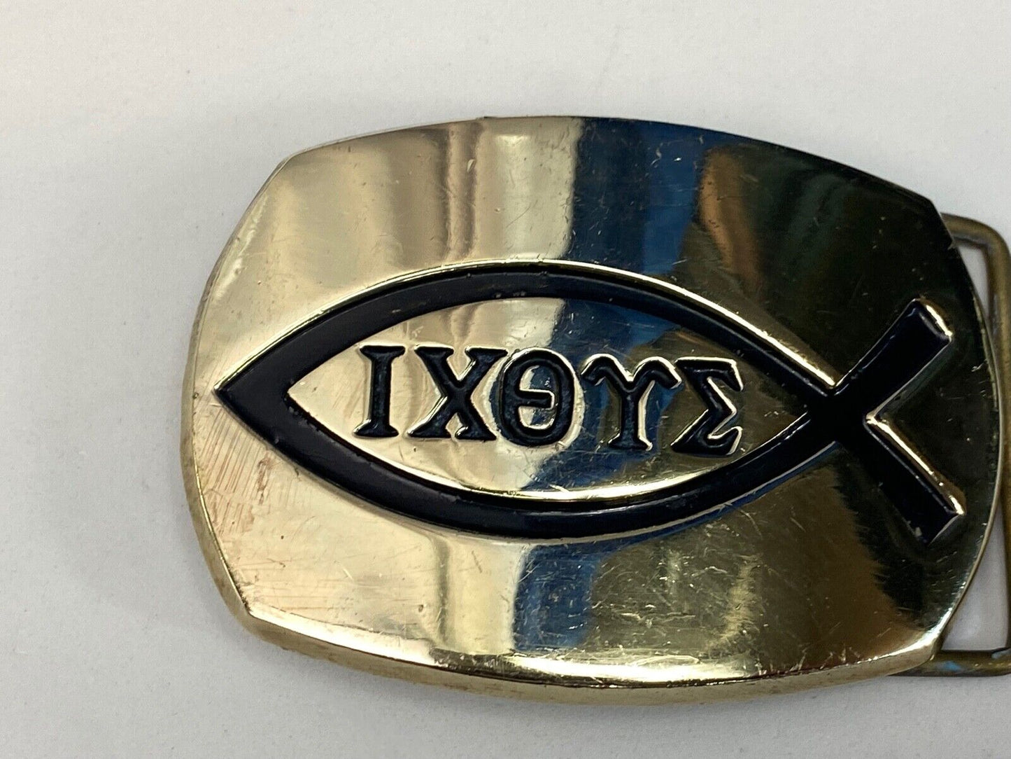 Vintage Ichthus Jesus Fish Ixoye Christian Symbol Icthus Brass Belt Buckle 