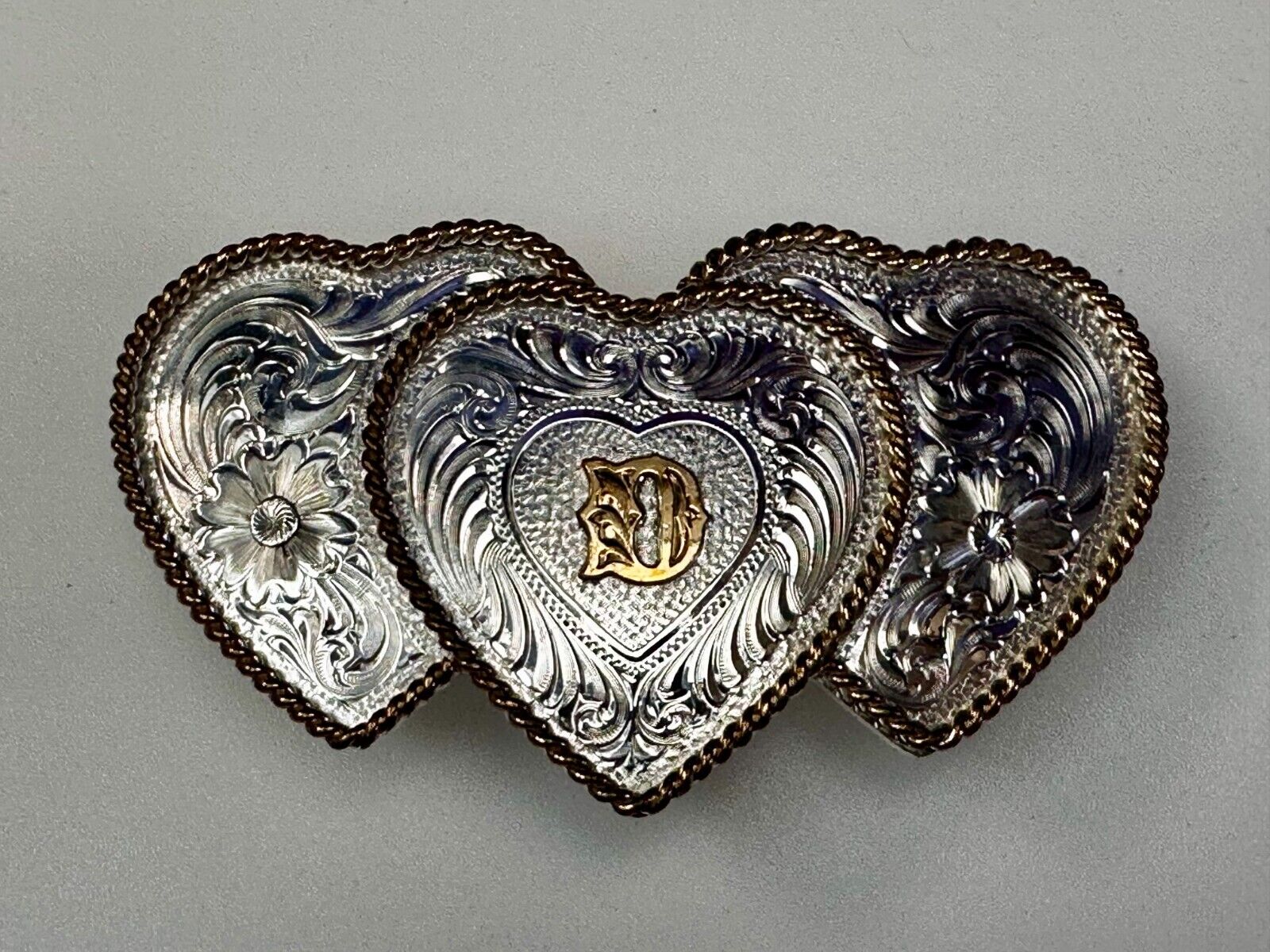 Three Triple Hearts With Initial Letter D Montana Silversmiths Belt Buckle
