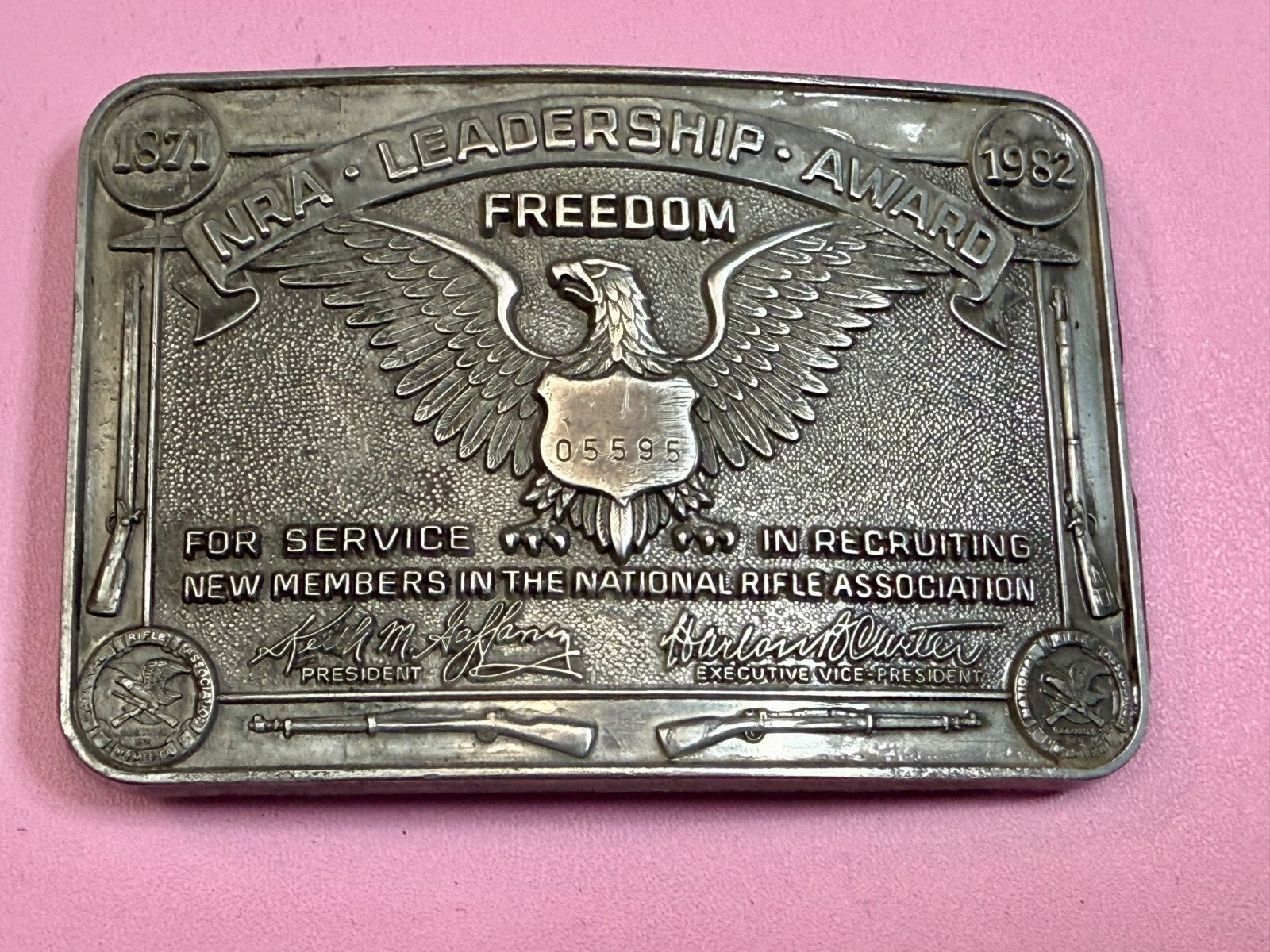 Vintage 1982 NRA National Rifle Association Leadership Award Belt Buckle
