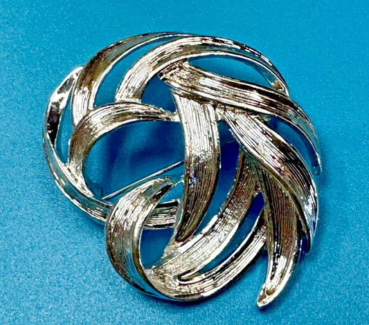 Swirled Curled Silver Tone Vintage Brooch Pin Signed Monet
