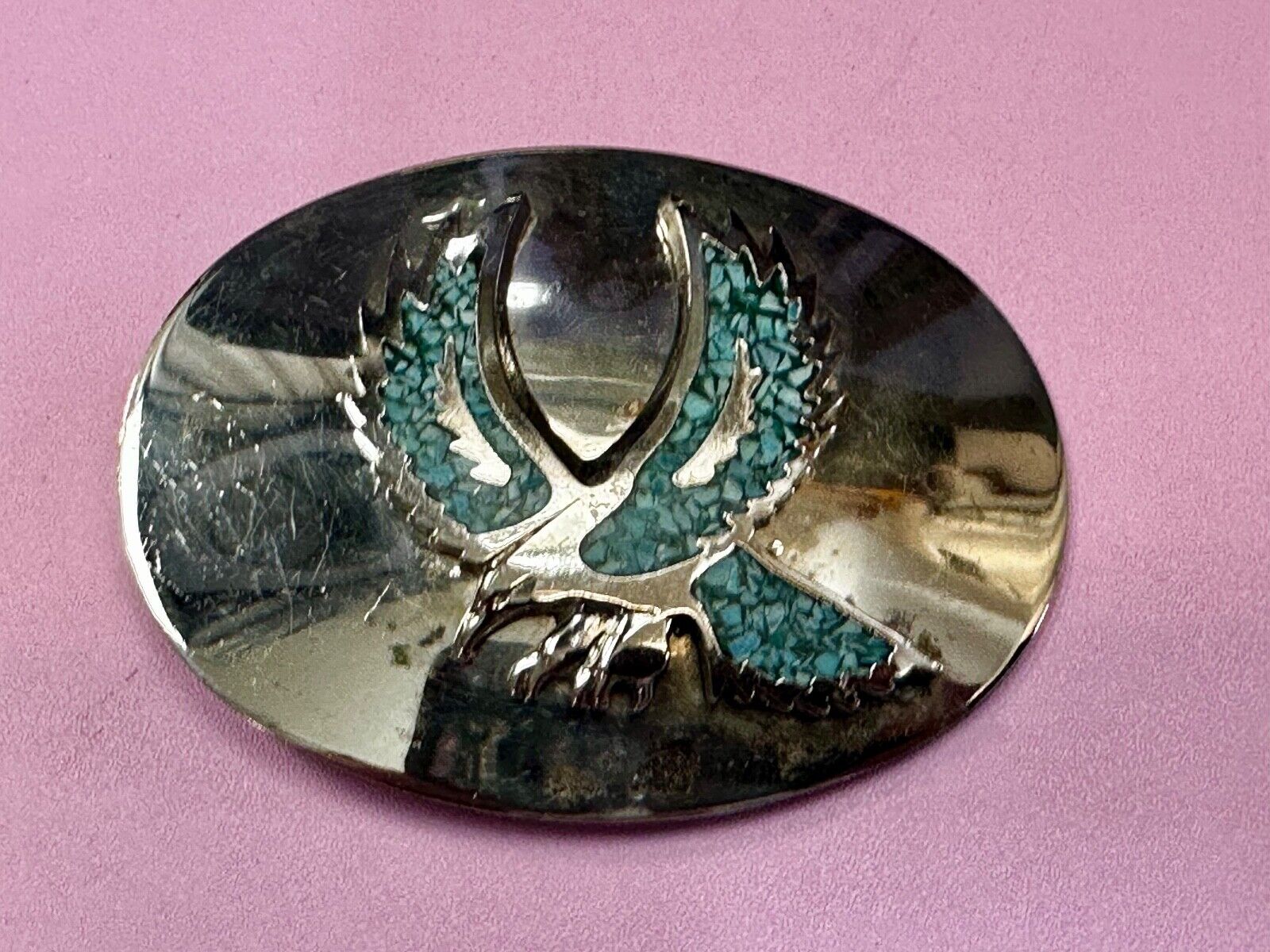 Turquoise Chip inlaid Flying Hunting Diving Patriotic American Eagle Belt Buckle