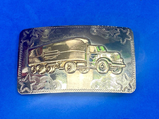 Big Rig Semi Truck Trailer Western Mixed Metal Vintage Drivers Belt Buckle 