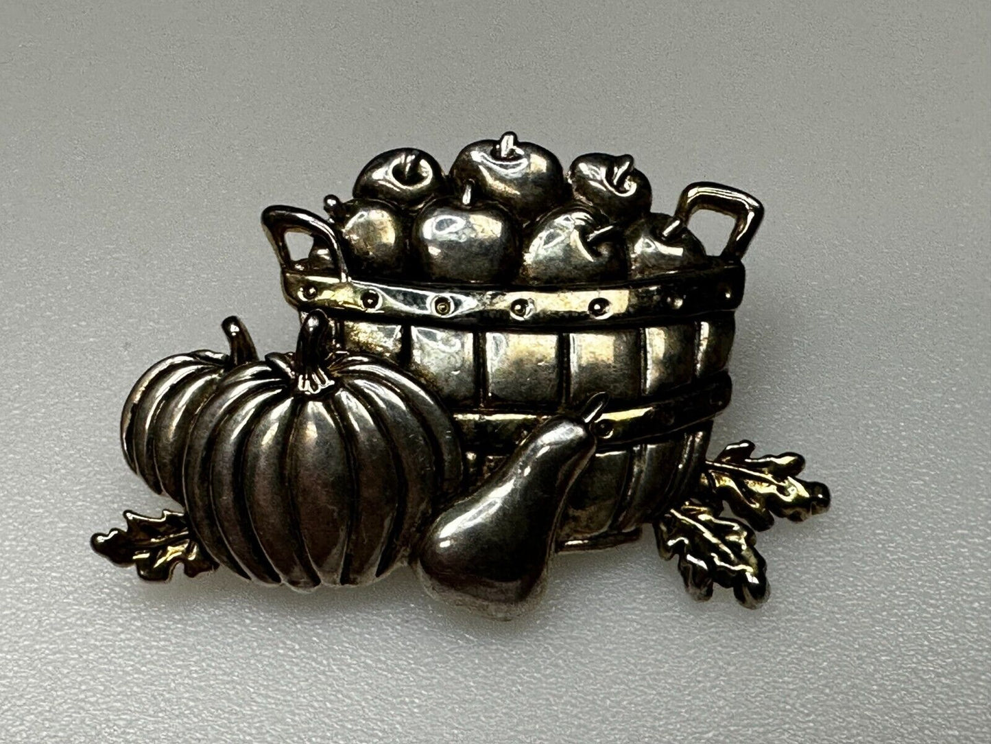 Apple Basket Pumpkin Fall Harvest Autumn Vintage Brooch Pin Signed by MJ