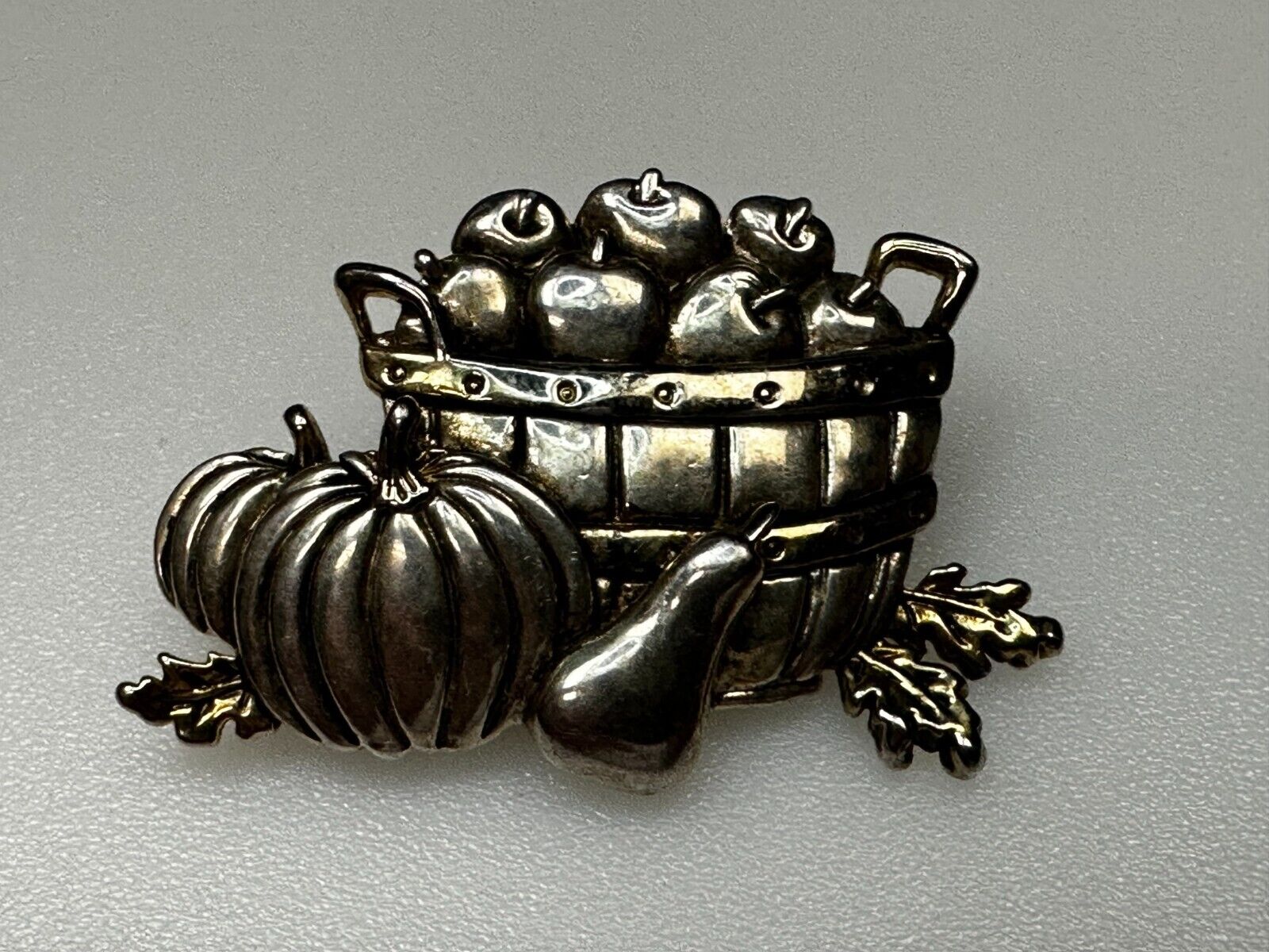 Apple Basket Pumpkin Fall Harvest Autumn Vintage Brooch Pin Signed by MJ