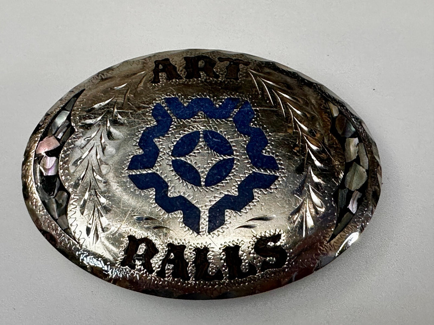 Art Ralls Abalone Shell Chip Inlaid Native American Indian Artisan Belt Buckle