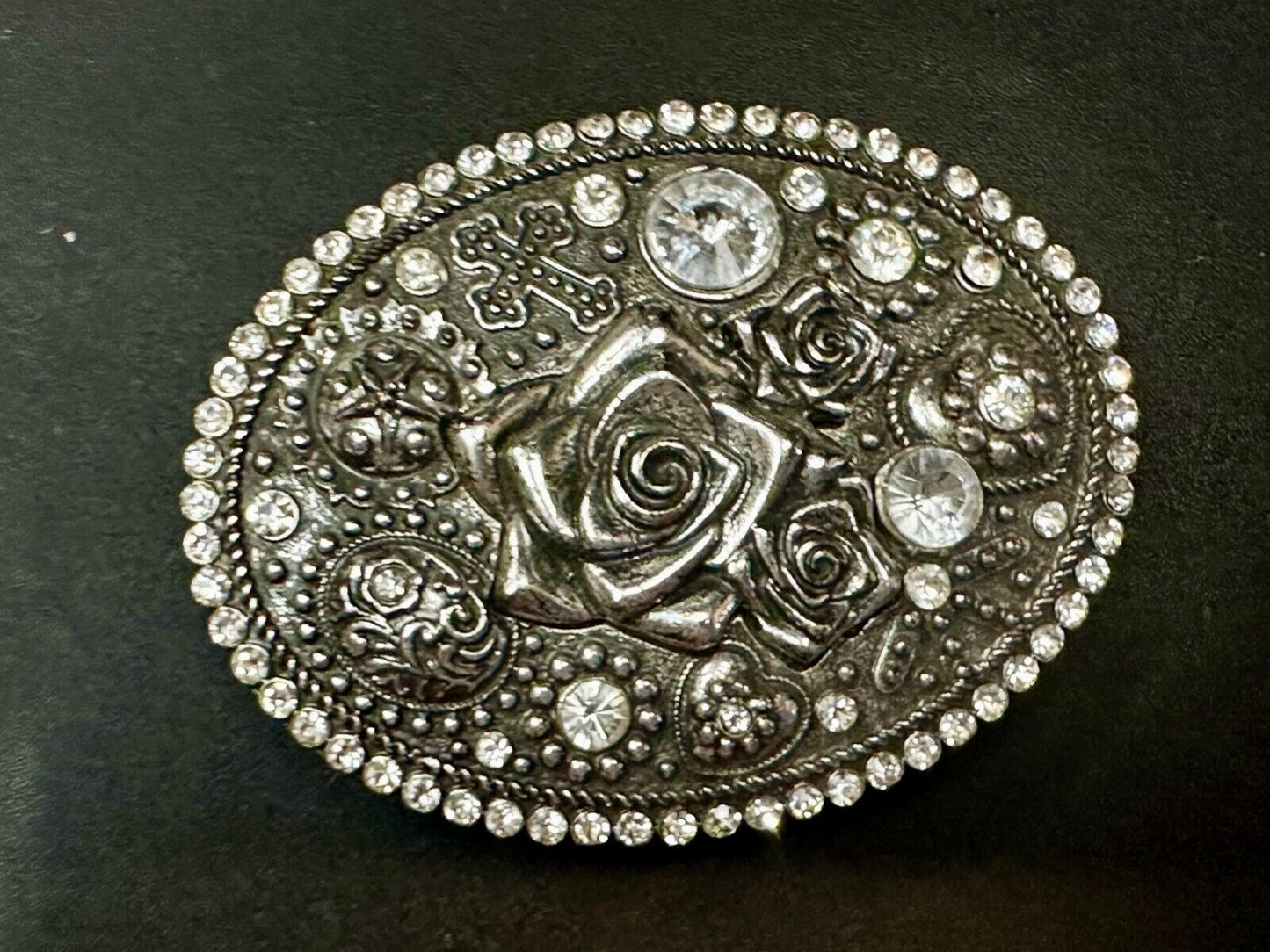 Unique Rose Flower With Rhinestone Accents And Boarder Beautiful Belt Buckle