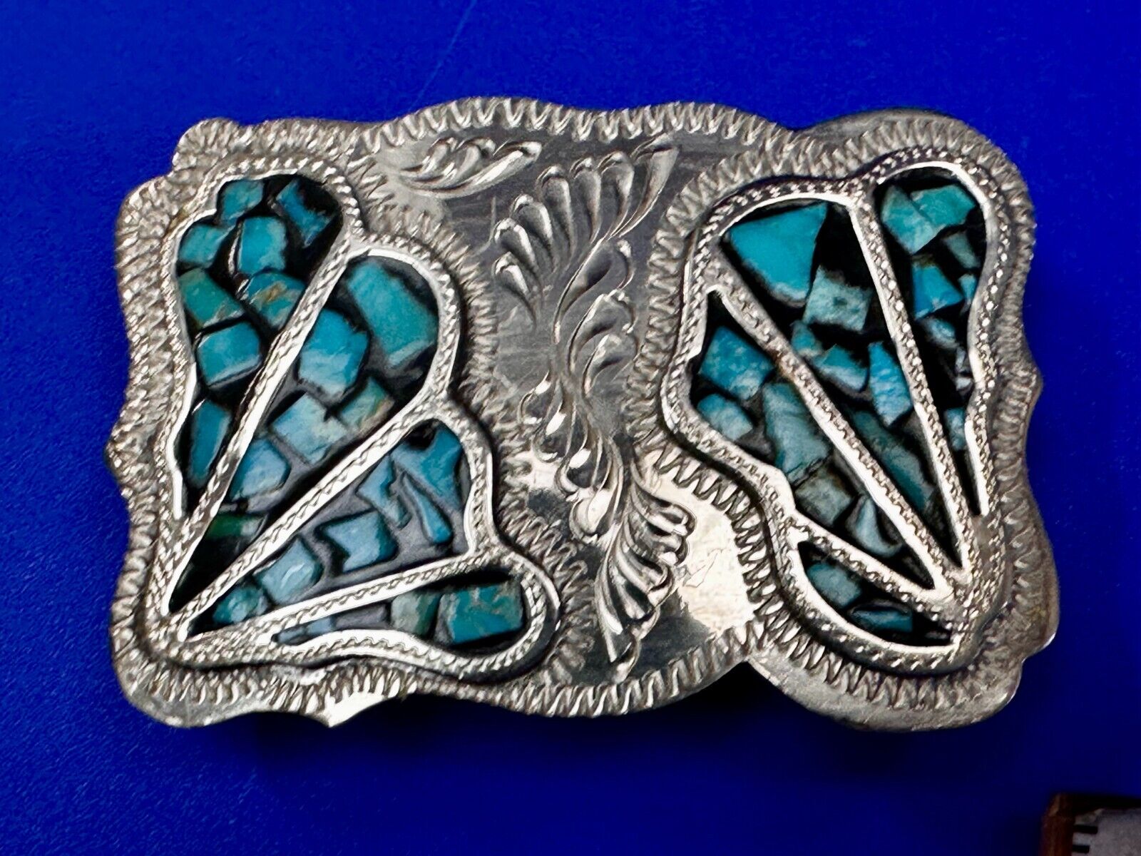 Turquoise Coral Stone Chip Inlay Hand Made Wil-Aren Western Jewelry Belt Buckle