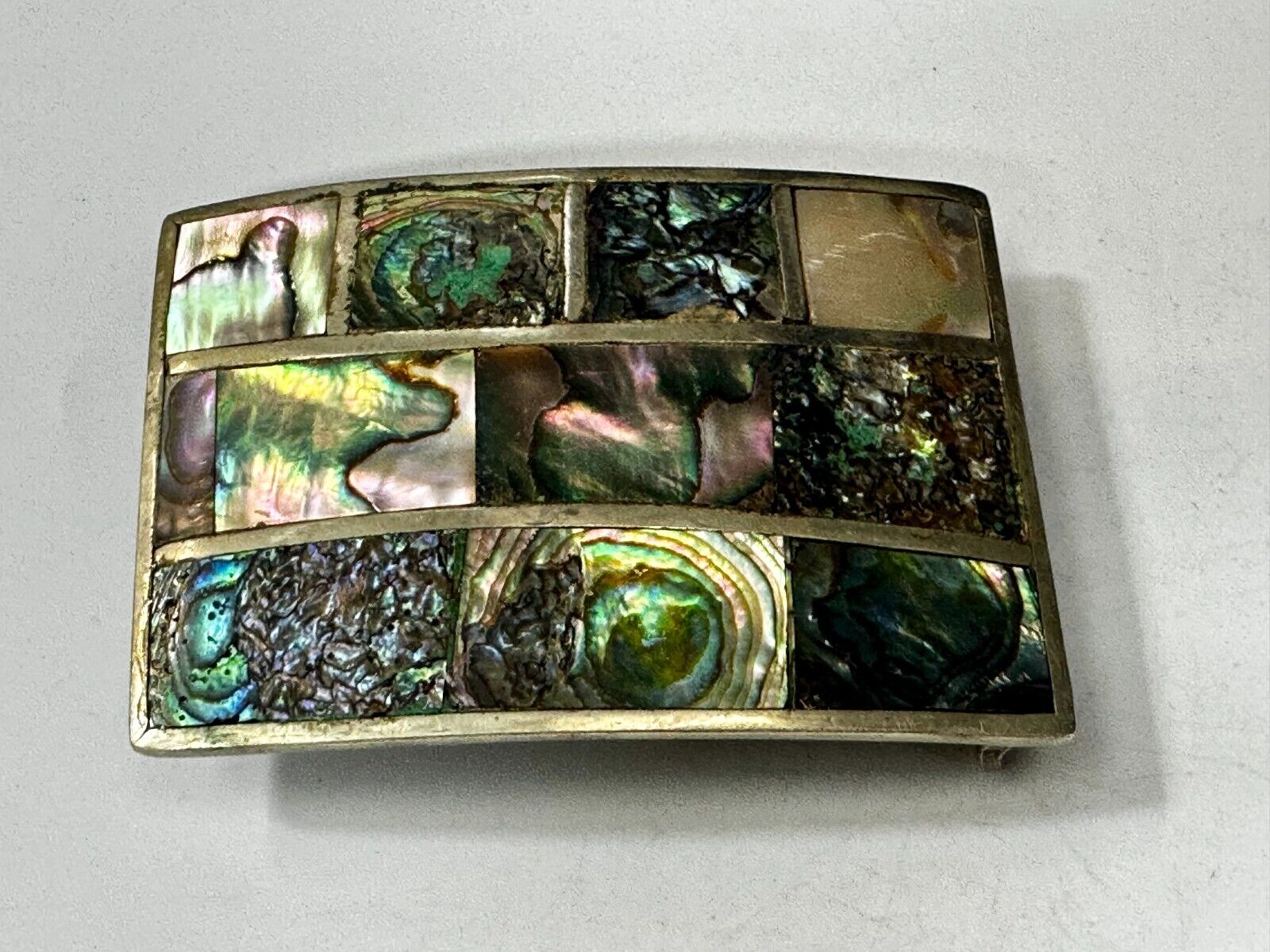 Vintage Abalone Shel Inlaid Silver Tone Large Rectangular Belt Buckle