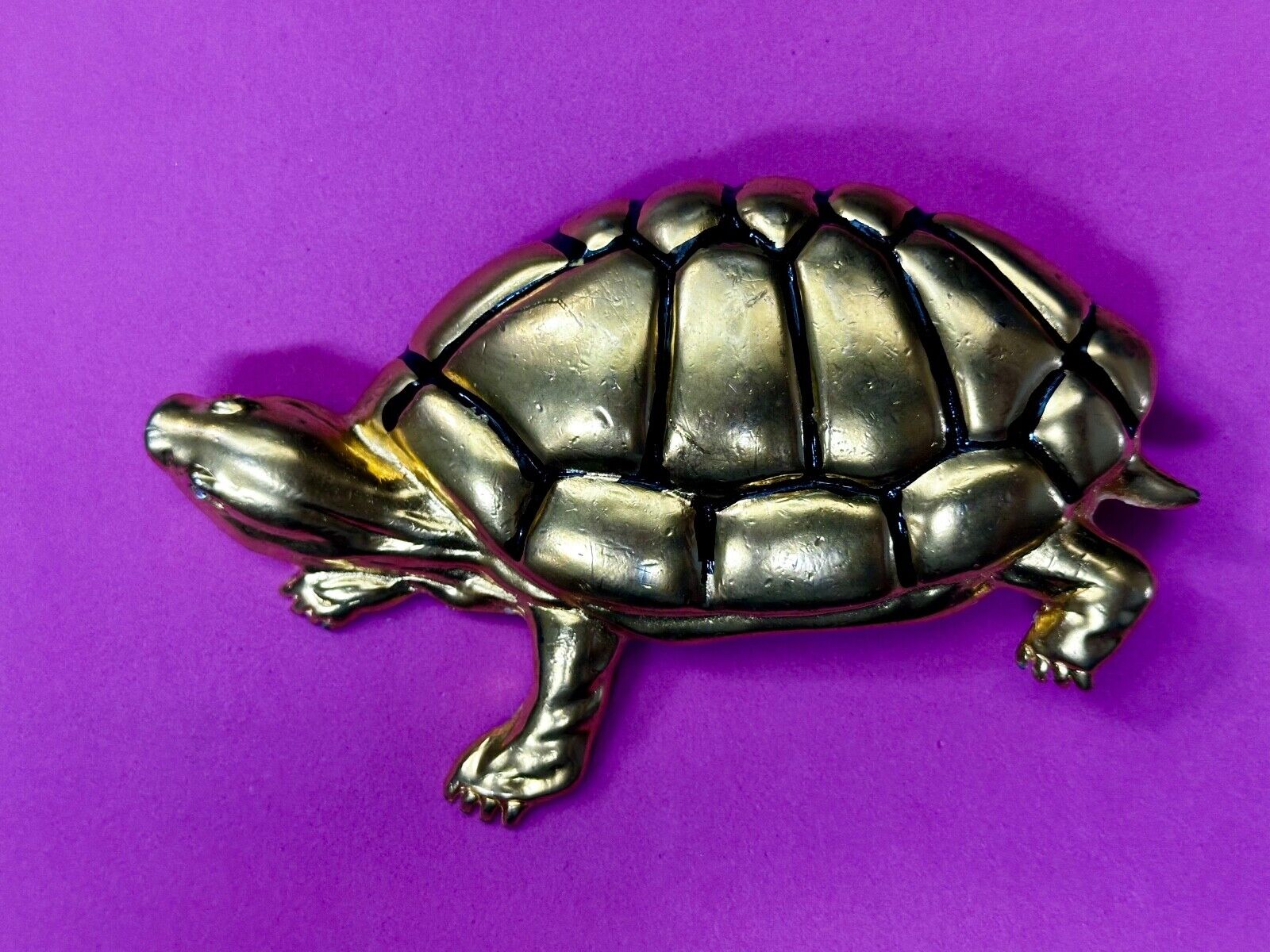 Tortoise Turtle Adorable Figural Huge Gold Tone Vintage Belt Buckle Over 4" Wide