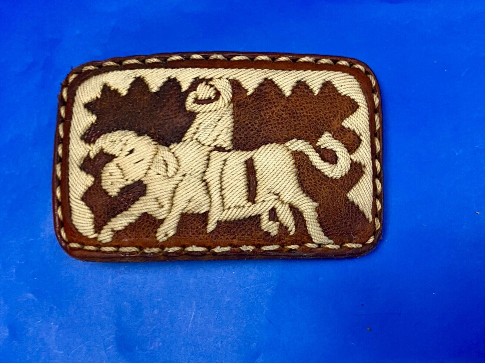 Vintage Fabric Stitched Belt Buckle  Rodeo Cowboy On Wild Bull