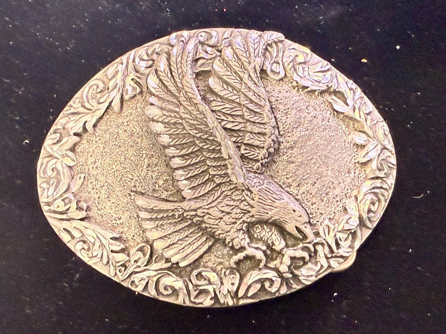 3D Flying American Bald Eagle Swirl Ornate Border Carved 1993 EGE Belt Buckle