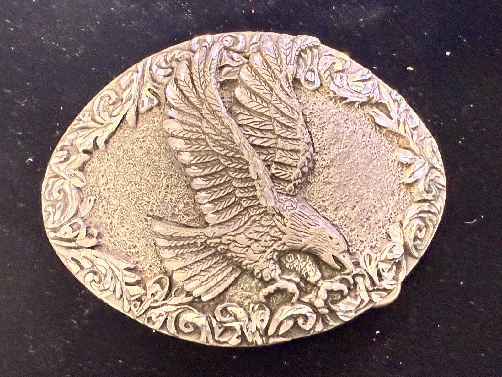 3D Flying American Bald Eagle Swirl Ornate Border Carved 1993 EGE Belt Buckle