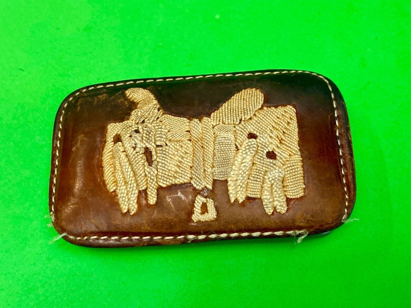Vintage leather stitched horse saddler belt buckle signed Tres Ranchitas