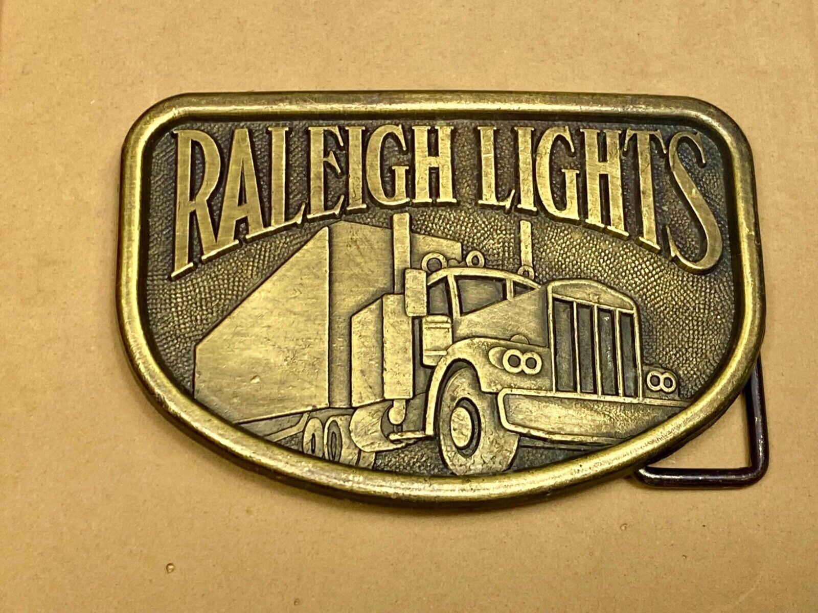 1970s Vintage Raleigh Lights Semi Truck Trucker Brass Tone Belt Buckle by RJ