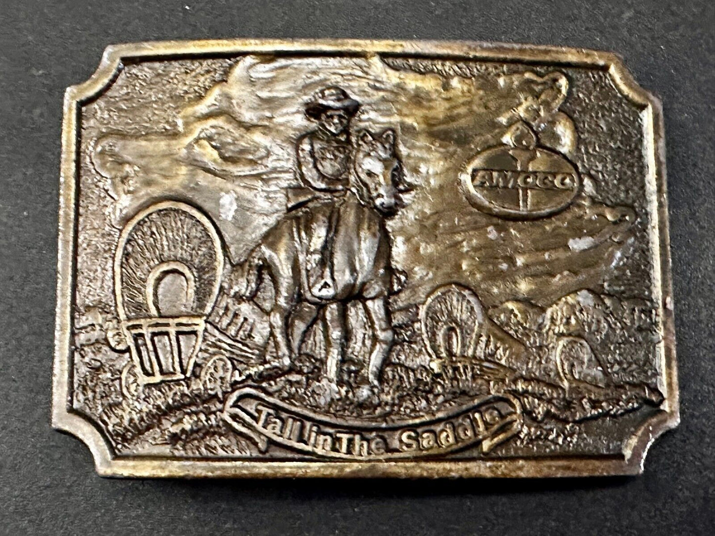 Amoco Oil Tall in the Saddle Wagon Brass Tone Western Cowboy Horse Belt Buckle