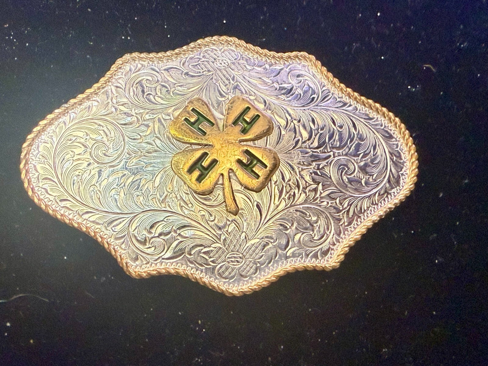 4H Leaf Swirl Ornate German Silver Montana Silversmiths Belt Buckle