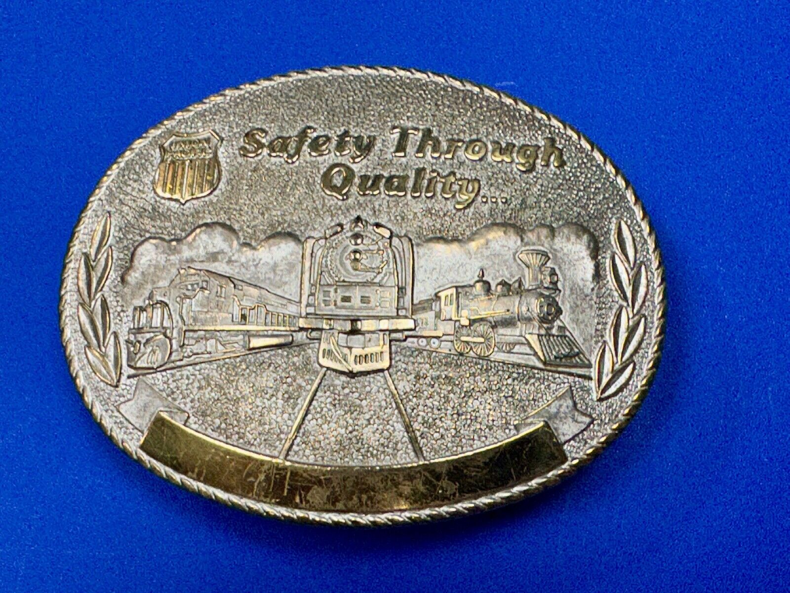 Union Pacific Rail Road SAFETY THROUGH QUALITY Train Engine STOTTS belt buckle