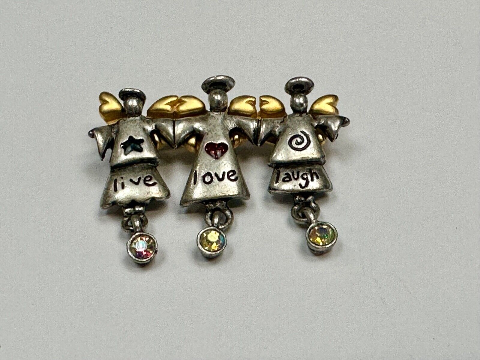 Three Angles - Live Love Laugh , Vintage Christmas Holliday Brooch by AJMC