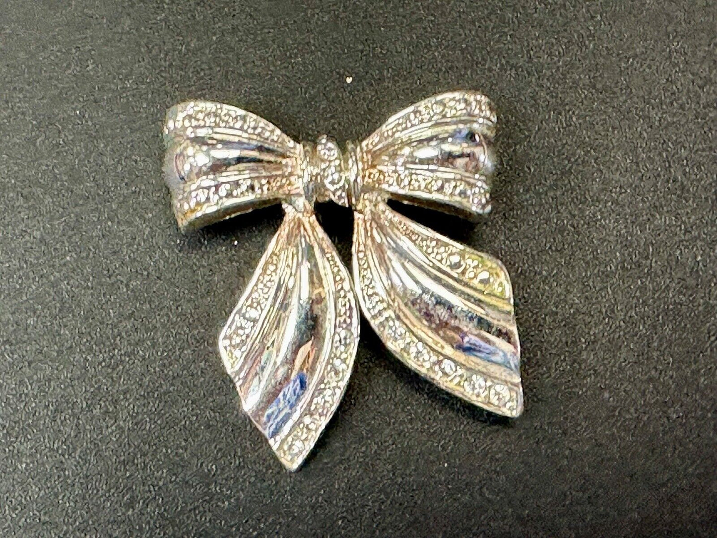 AAI Signed Vintage Brooch Pin 1.5” Bow Crystal Rhinestones Silver Tone