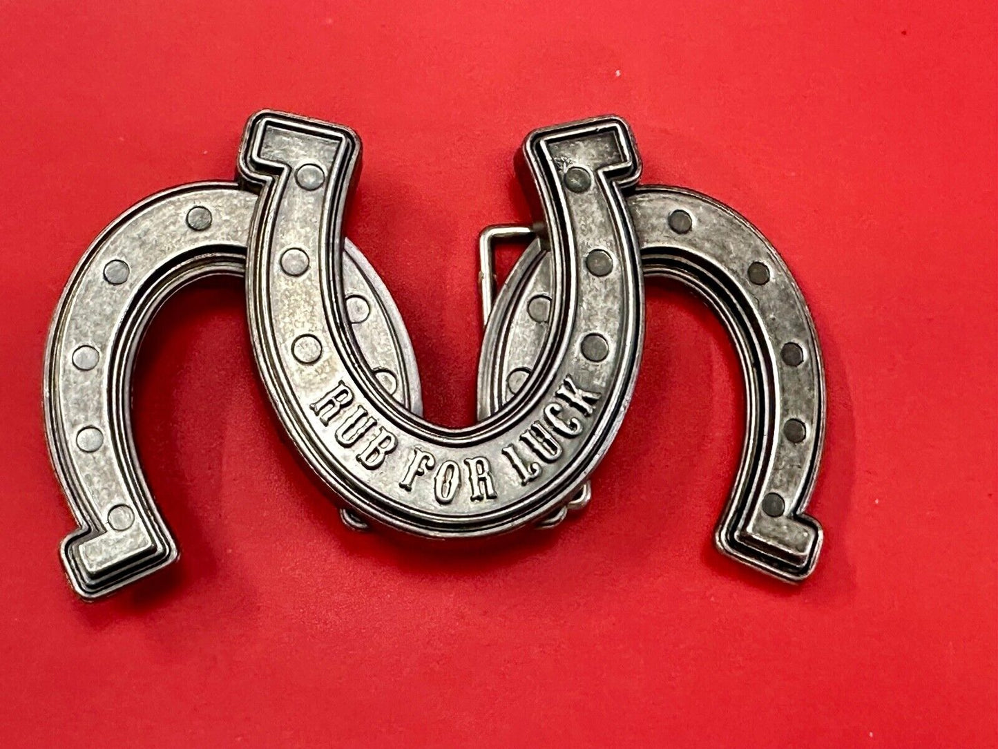 Triple trio horseshoes lucky Novelty belt buckle RUB FOR LUCK horse shoe