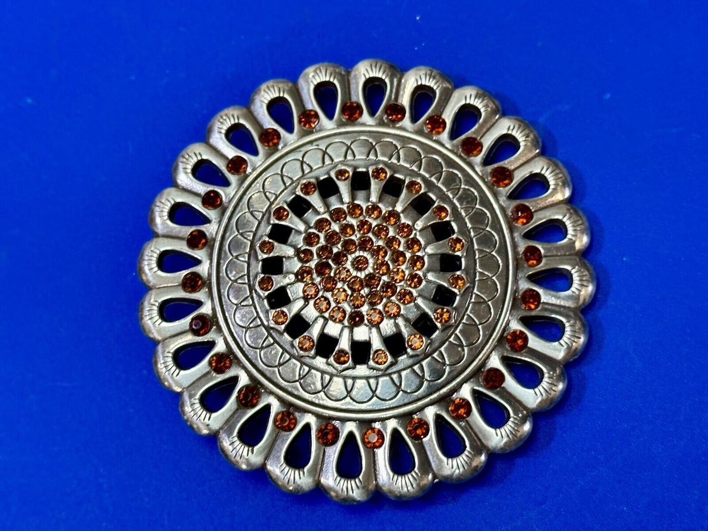 Vintage Flower shaped silver tone red rhinestone accented belt buckle