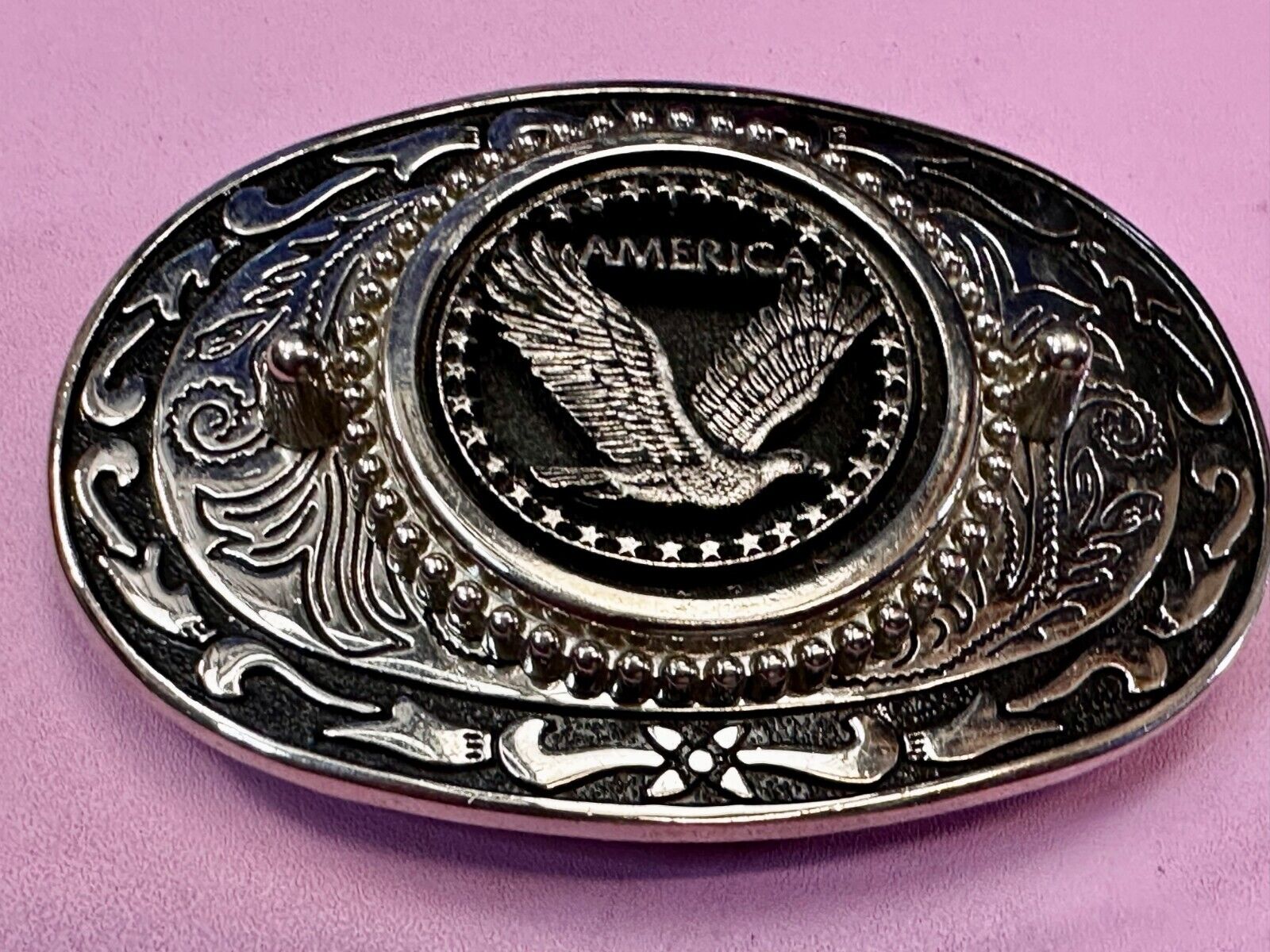 American Patriotic Bald Eagle Centered Flower Swirl Western Vintage Belt Buckle