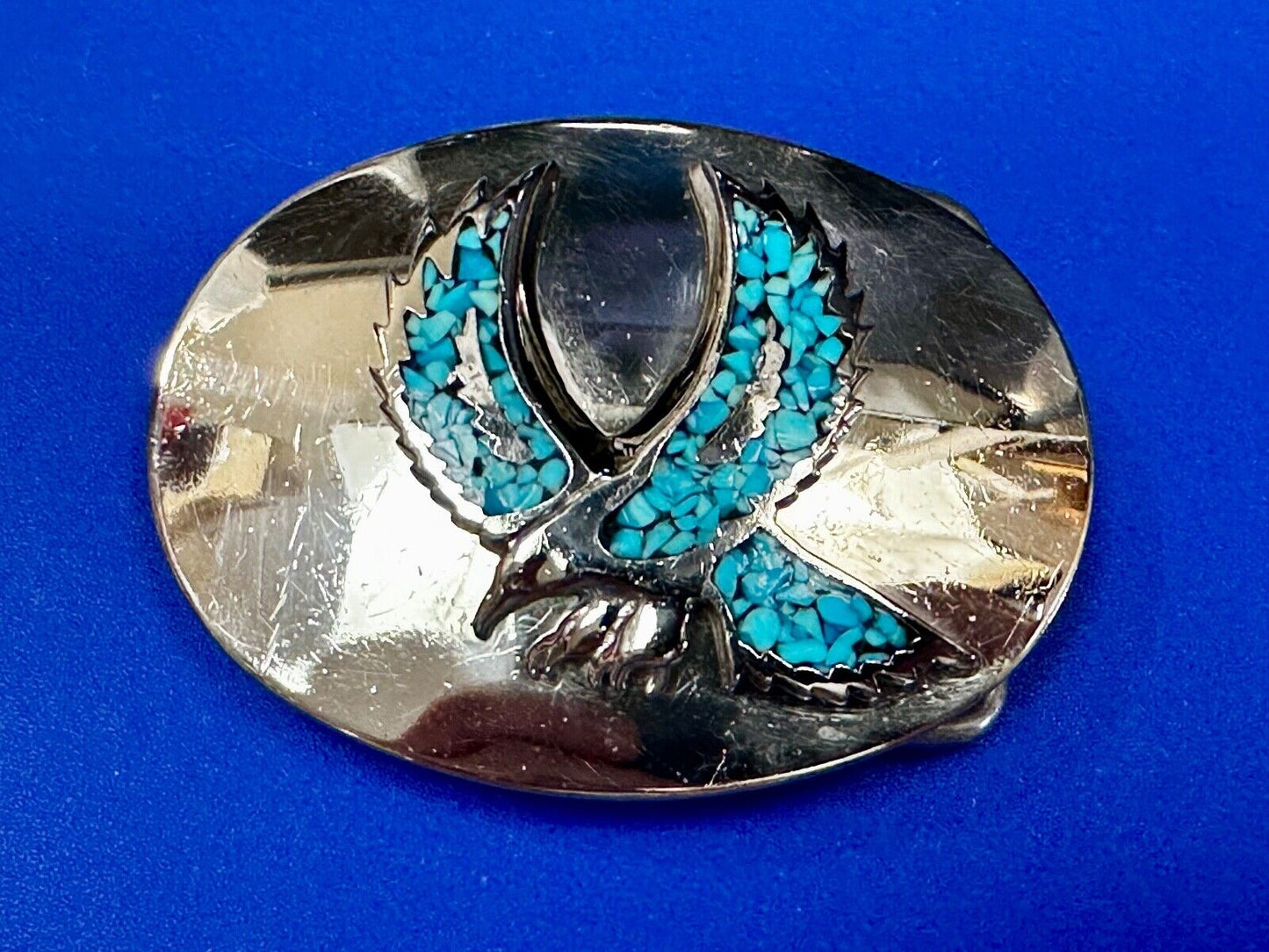 Turquoise Chip inlaid Flying Hunting Diving Patriotic American Eagle Belt Buckle