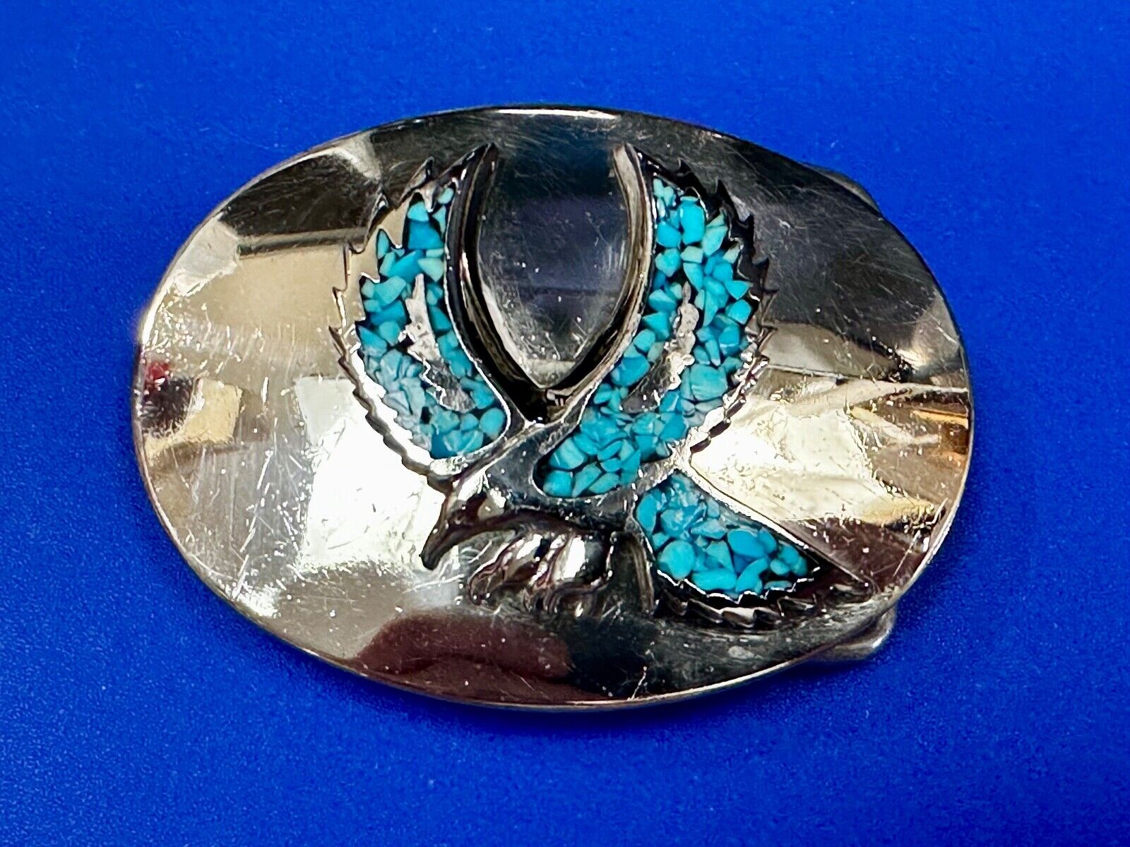 Turquoise Chip inlaid Flying Hunting Diving Patriotic American Eagle Belt Buckle