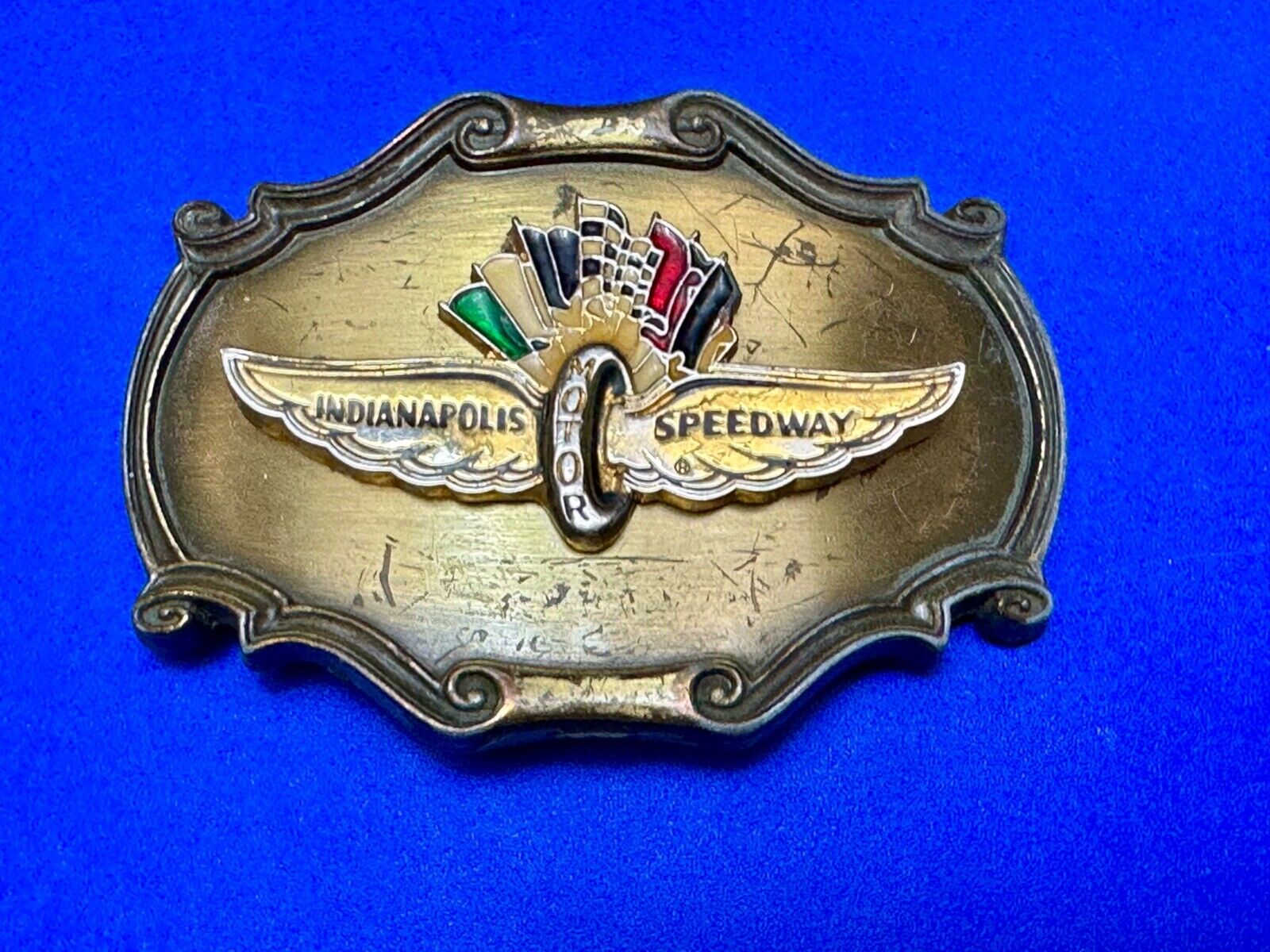 Vintage Indianapolis 500 speedway western framed belt buckle by Raintree