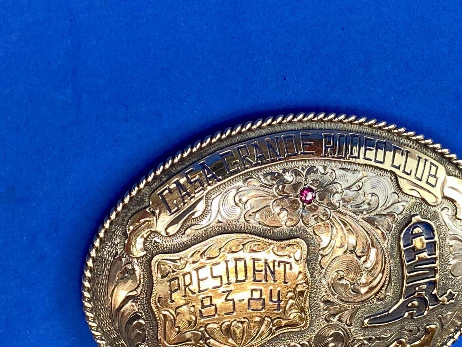 80's Lee Wesley trophy belt buckle CASA Grande Rodeo Club President Award AHSA 