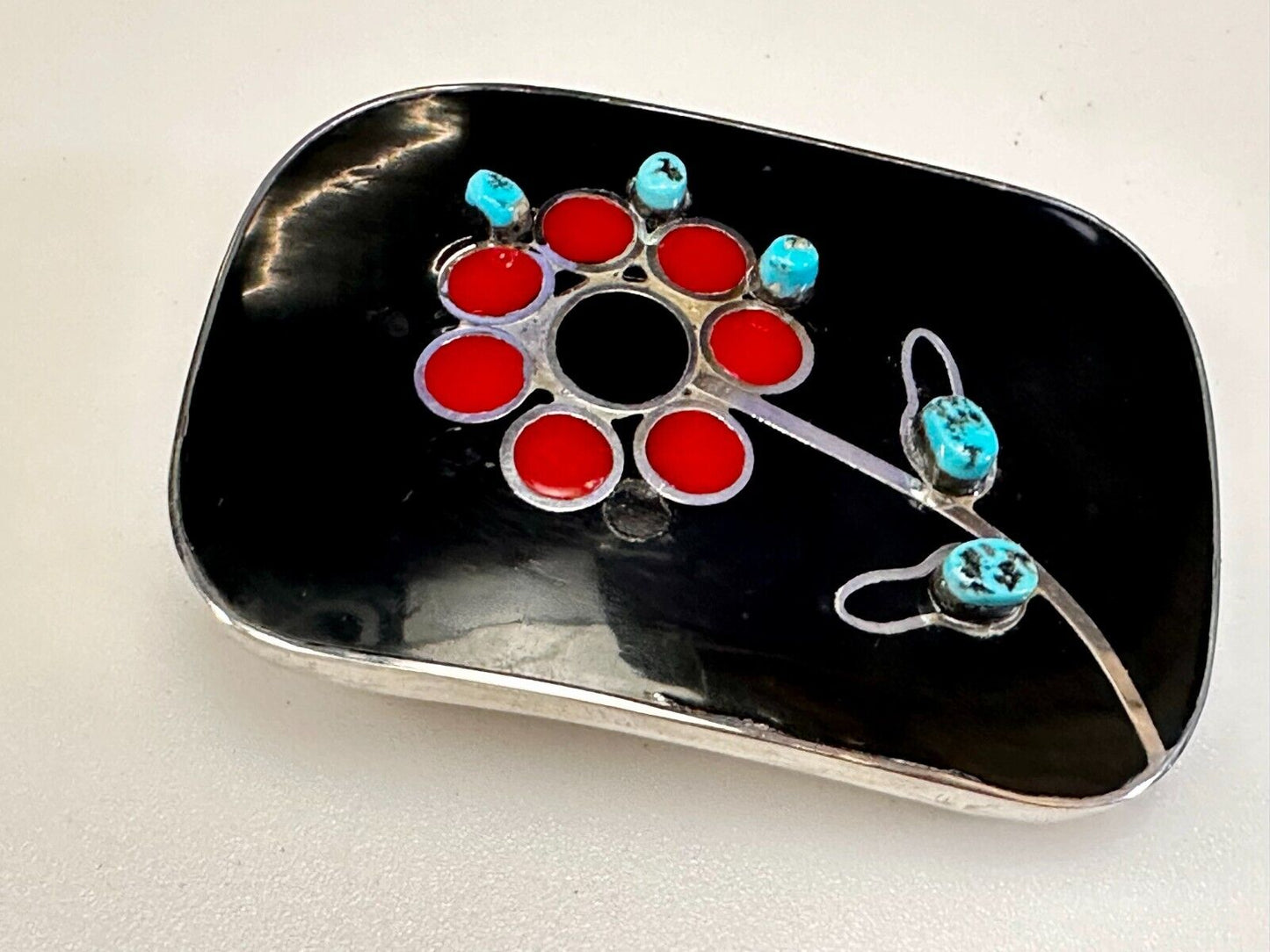 Turquoise Stone Floral Theme Native American Indian Artisan Silver Belt Buckle