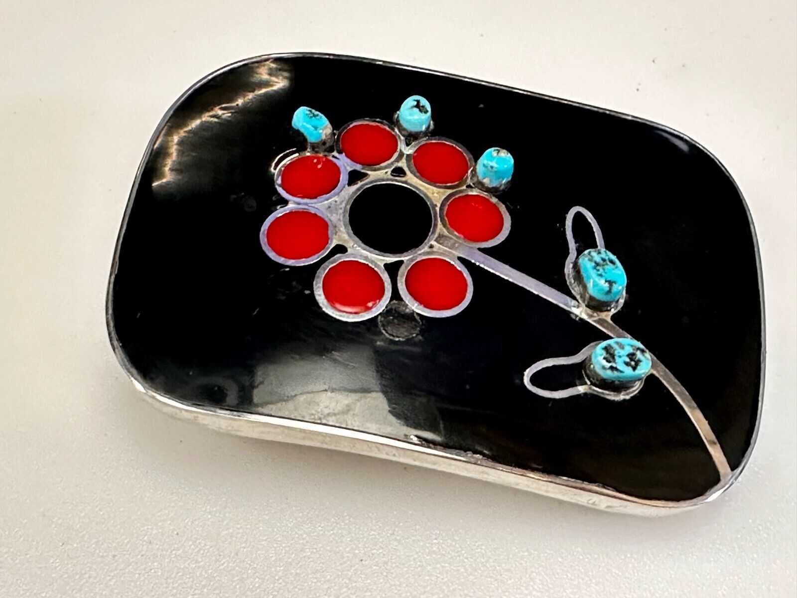 Turquoise Stone Floral Theme Native American Indian Artisan Silver Belt Buckle