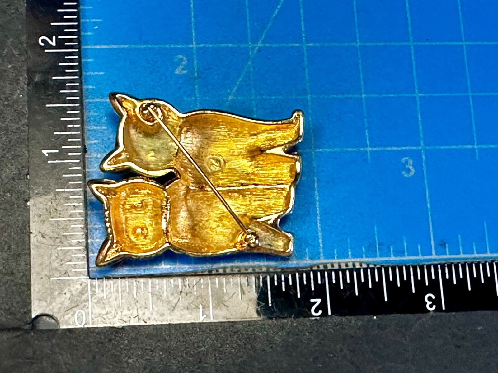 Two Sitting Cats Green Eyes, Black & Gold Kittens Brooch Pin Signed Swarovski
