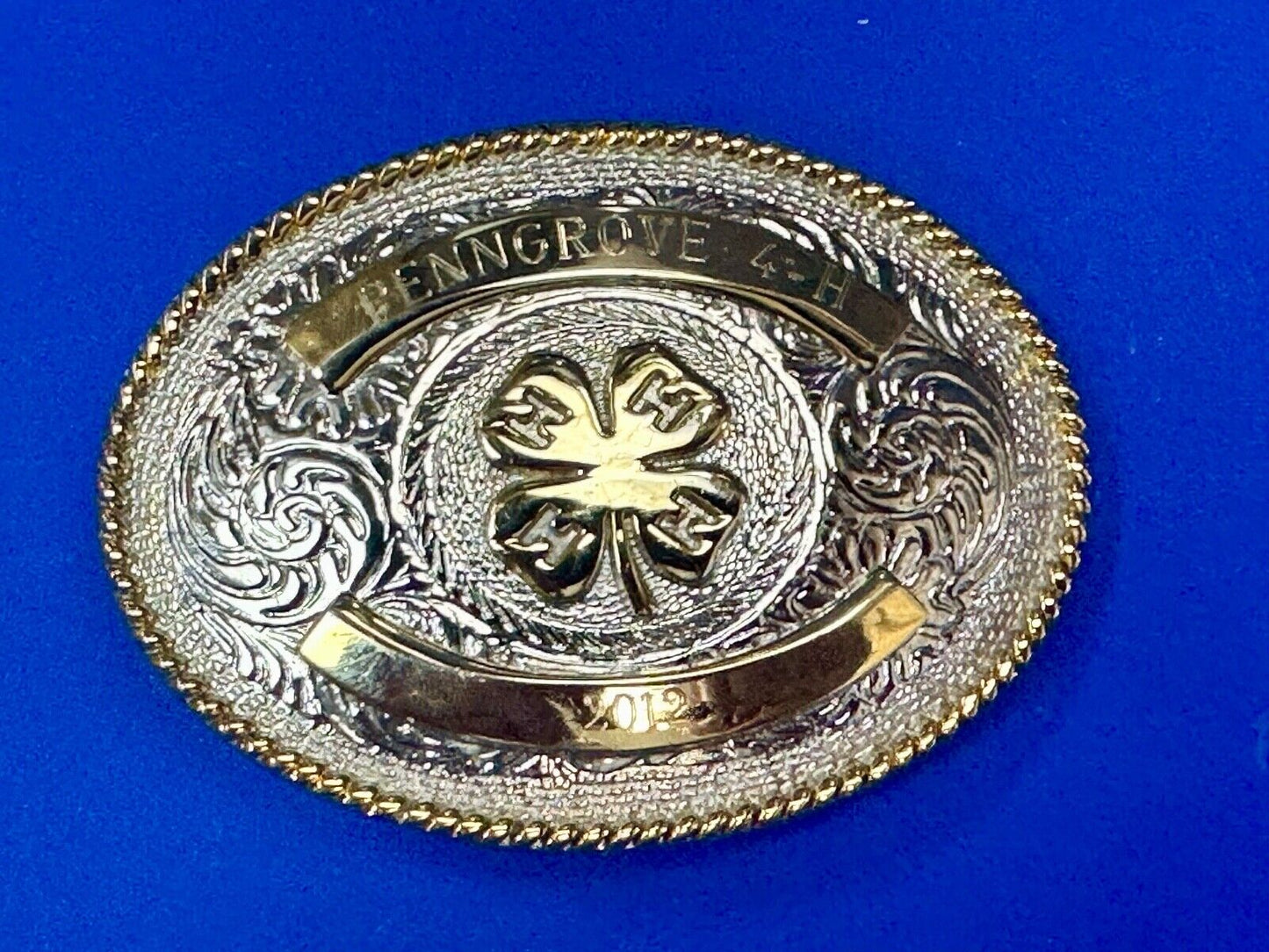 4h emblem logo  Engraved trophy style 2012 western two tone belt buckle