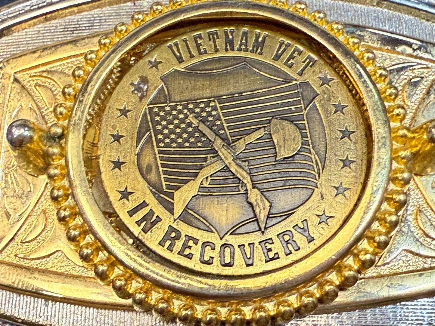 Vietnam Vet In Recovery Patriotic American Usa Gold Tone Belt Buckle