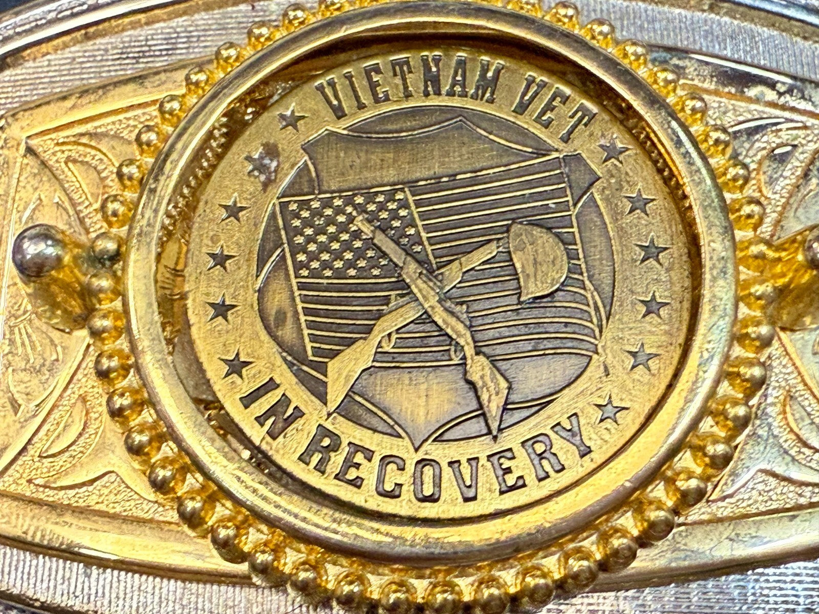Vietnam Vet In Recovery Patriotic American Usa Gold Tone Belt Buckle